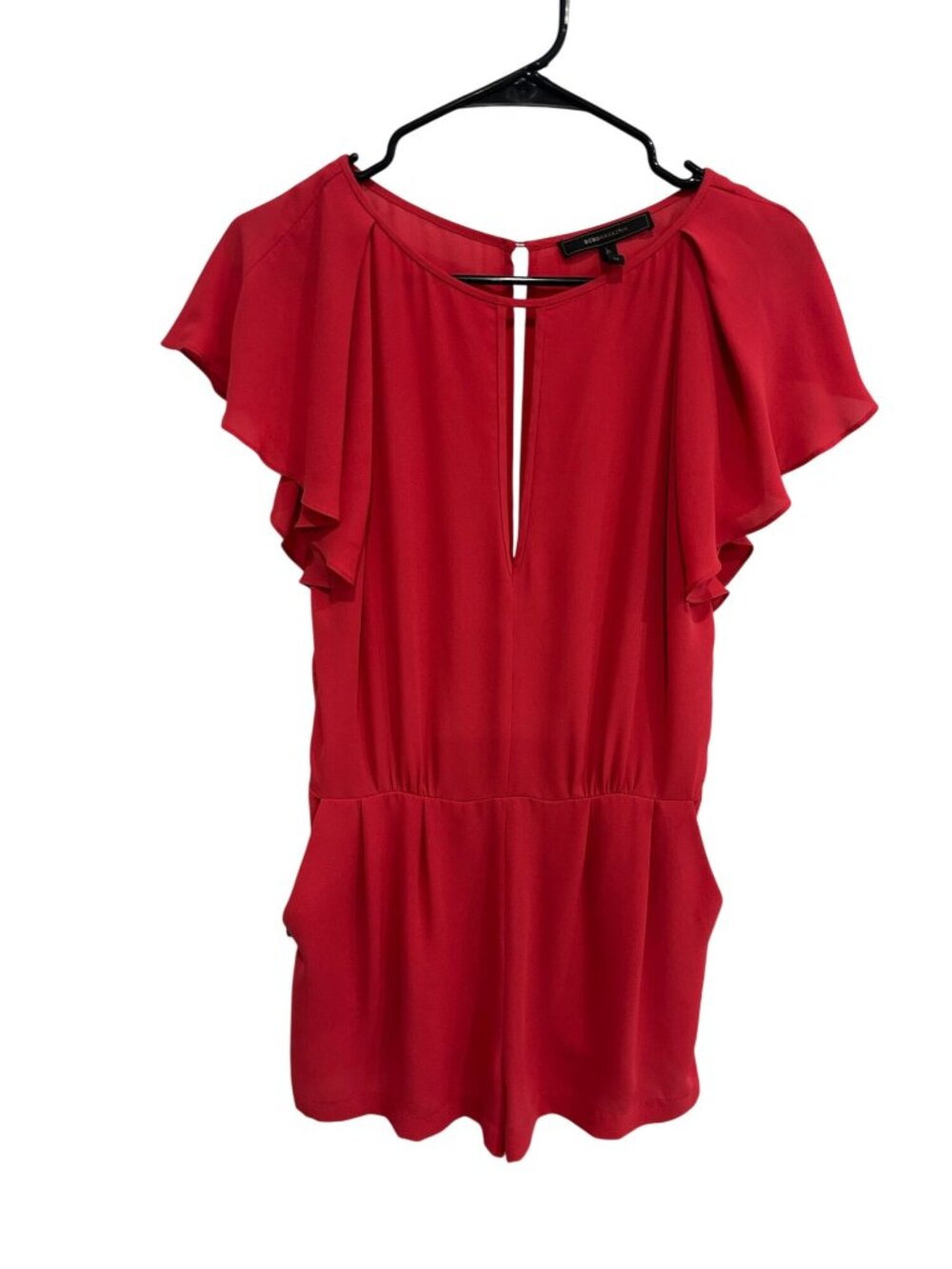 BCBGMaxAzria OS Red Flutter Sleeve Keyhole Back Romper Romanticcore